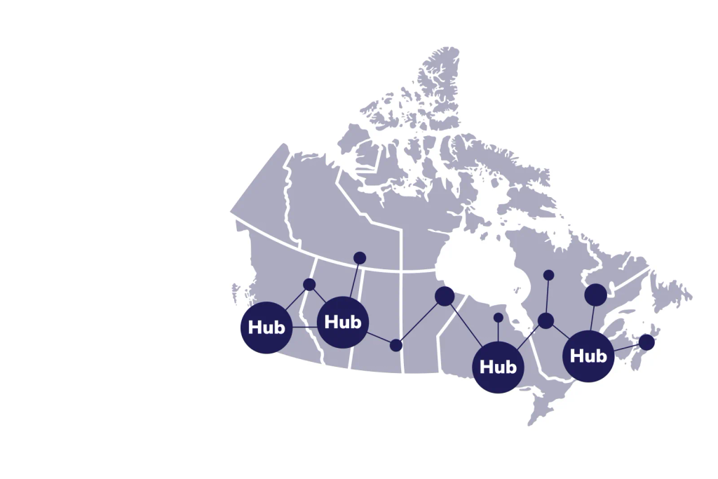 Map of Canada showing the hubs of the Breakthrough T1D Network for Canada