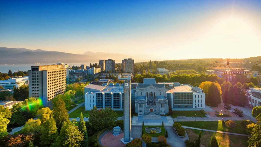 Aerial view of the University of British Columbia campus at sunrise